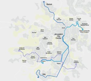 Plán na novou tramvajovou trať Blue Line v Jeruzalémě.