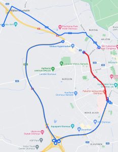 Oprava průtahu Olomoucí, mapa uzavírky s objížďkami. Zdroj: Google Maps