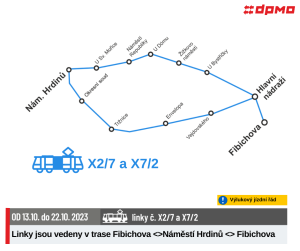 Výluka tramvaje Olomouc Neředín, trasa tram X2/7. Zdroj: DPMO