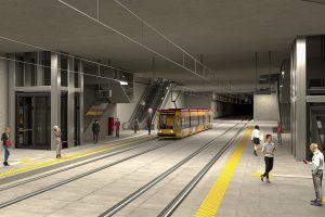 Vizualizace plánované první podzemní tramvajové zastávky ve Varšavě. Zdroj: Rafał Trzaskowski
