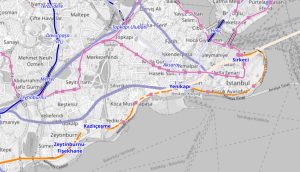 Trasa obnovené části trati v Istanbulu (oranžová barva). Foto: Openrailwaymap.org