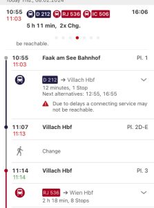 Aplikace ÖBB mi hlásí, že přestup ve Villachu bych nemusel stihnout. Foto: Jan Sůra / Zdopravy.cz