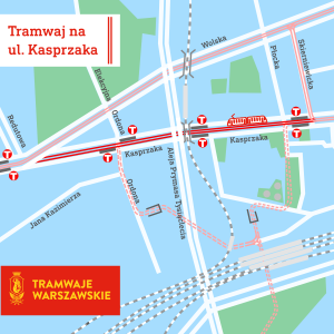 Nový úsek tramvajové trati ve Varšavě na mapě sítě.Zdroj: Tramwaje Warszawskie