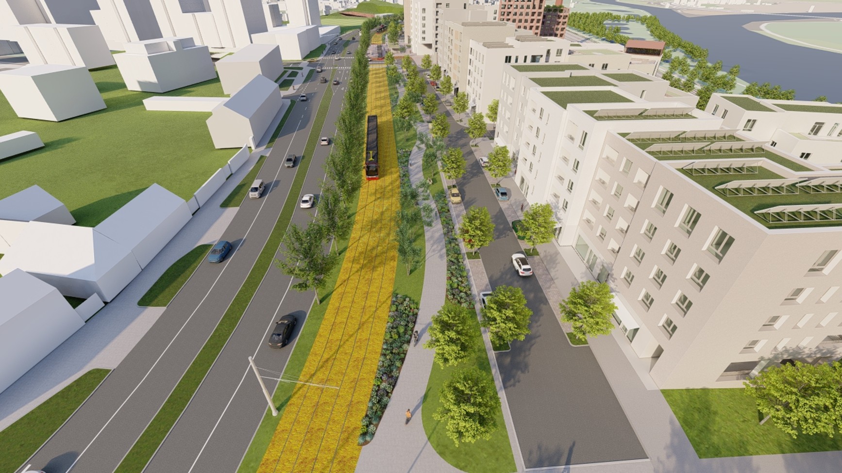 Vizualizace novostavby tramvajové tratě Nádraží Modřany - Nové Komořany. Zdroj: IM-Projekt