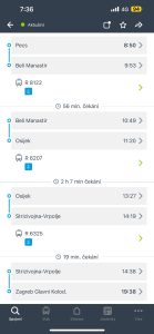 Nabízené spojení aplikací MůjVlak při přímém zadání Pécs-Záhřeb