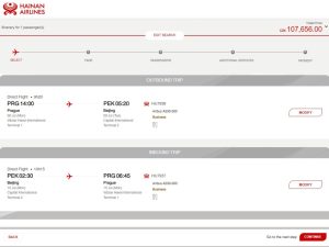 Názorná cena letenky s Hainan Airlines v základním tarifu business třídy.
Zdroj: Hainan Airlines