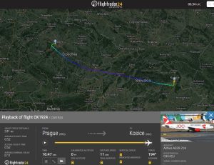 Trasa letu OK1924 Praha - Košice.Zdroj: Flightradar24