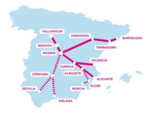 Mapa sítě Ouigo ve Španělsku. Foto: Ouigo