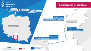Lokalizace projektů v rámci modernizace železniční infrastruktury ve Slezském vojvodství.Zdroj: slaskienatorach.pl