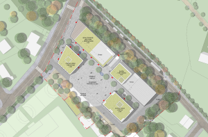 Návrh nového společenského centra v Šestajovicích v jehož rámci vznikne i podzemní P+R parkování. Zdroj: Archistroj