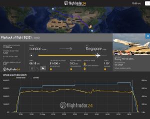 Zasažený let SQ321 společnosti Singapore Airlines. Zdroj: Flightradar24