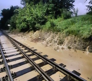 Zaplavené kolejiště v Poběžovicích. Foto: Správa železnic
