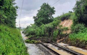 Sesuv půdy a pád stromu na trať mezi Plzní a Starým Plzencem. Foto: Hasiči Správy železnic