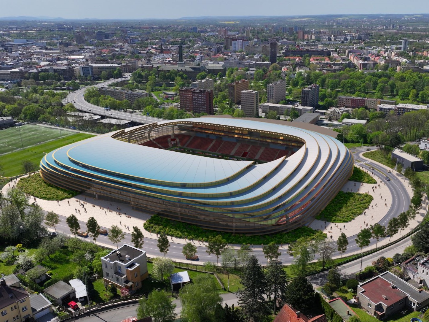 Nezávazná vizualizace z ověřovací studie výstavby nového stadionu na Bazalech. Zdroj: Architekt David Kotek a Rudolf Müller z PROJEKTSTUDIO EUCZ