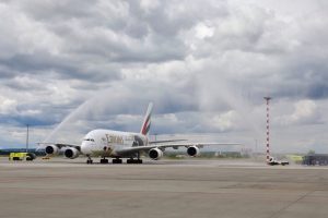 Airbus A380 Emirates v Praze.
Zdroj: Letiště Praha