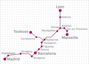 Mapa rychlovlaků Renfe mezi Španělskem a Francií. Foto: Renfe