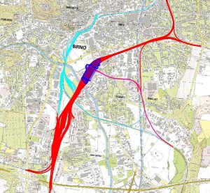 Přehledná situace nového ŽUB: červeně: modernizovaná trasa ve stávající stopě železnice
růžově: nově budovaná trasa
tyrkysově: opouštěná trasa
modře: budova nového hlavního nádraží. Foto: Správa železnic