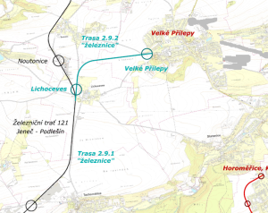 Návrh odbočky železniční trati 121 do Velkých Přílep. Zdroj: Středočeský kraj