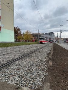 TT Veletržní – v místě tramvajové zastávky linky č. 1 a přechodu pro chodce k obytné zástavbě DPMB provedl úpravu zákrytu v podobě speciální směsi zeminy a štěrku. Následně byl tento kryt osázen suchomilnými rostlinami. Foto: Brno.eu