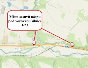 Mapa opravy sesuvů svahu na silnici I/23. Foto: ŘSD