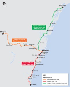 Mapa linek, kde budou nové soupravy Mariyung nasazeny. Foto: Transport NSW