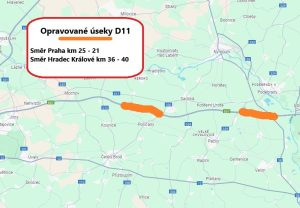 Úseky D11 u Poděbrad určené k opravě na jaře 2025. Pramen: ŘSD