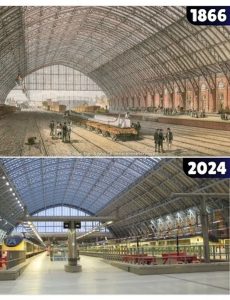 Srovnání původní a současné podoby londýnského nádraží St Pancras International.