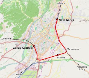 Trať Nova Goriza - Gorizia Centrala. Mapa: Arbalete /Openstreetmap.com