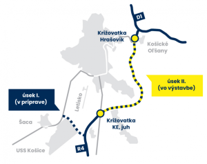 Obchvat Košic, úsek I. a II., mapa.Zdroj: kosicenaokolo.sk