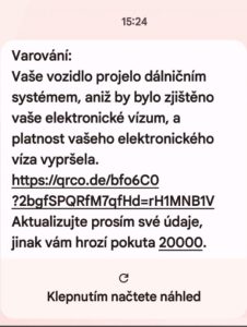 Příklad podvodné SMS. Pramen: CENDIS