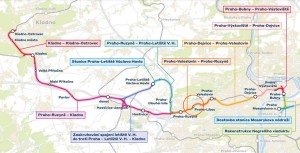 Úseky modernizované tratě Praha - letiště - Kladno (PRAK). Zdroj: SŽ