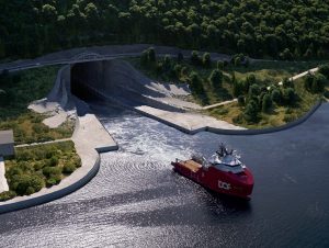 Lodní tunel skrz norský poloostrov Stad, vizualizace. Pramen: Kystverket/Snøhetta/Plomp