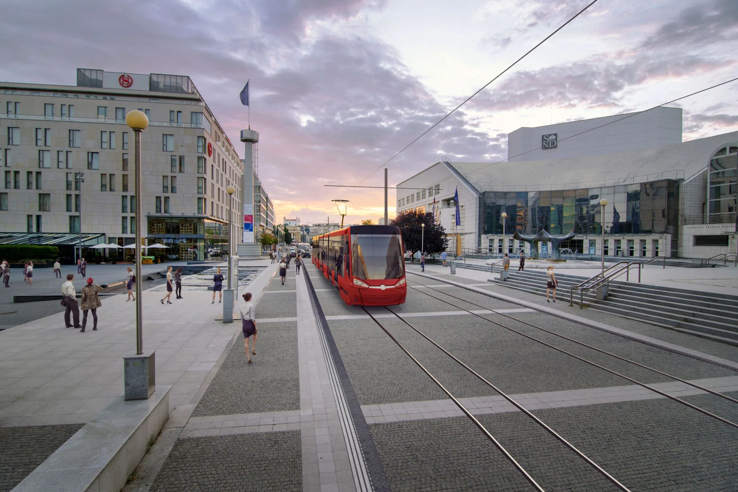 Tramvaj na plánované trati u SND v Bratislavě. Zdroj: JTRE