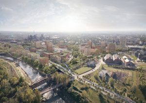 Jeden z návrhů nové ostravské čtvrti Žofinka. Plánovaná třída Jedna míle v dolní části vizualizace. Zdroj: Ostrava
