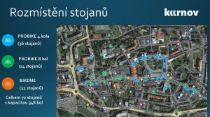 Rozmístění cyklostojanů v centru Krnova.Zdroj: Krnov