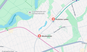 Chystané prodloužení berlínského metra linky U3 mezi stanicemi Krumme Lanke a náměstím Mexikoplatz. Zdroj: Google Maps