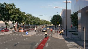 Tramvajová trať do Malešic v Počernické ulici. Zdroj: Metroprojekt Praha, Ateliér Onixia