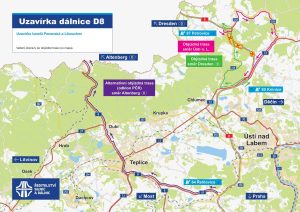 Uzavírka tunelů na D8 a objízdné trasy (červenec 2025). Pramen: ŘSD