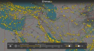 Vzdušný prostor Iráku a Íránu před týdnem. Zdroj: Flightradar24