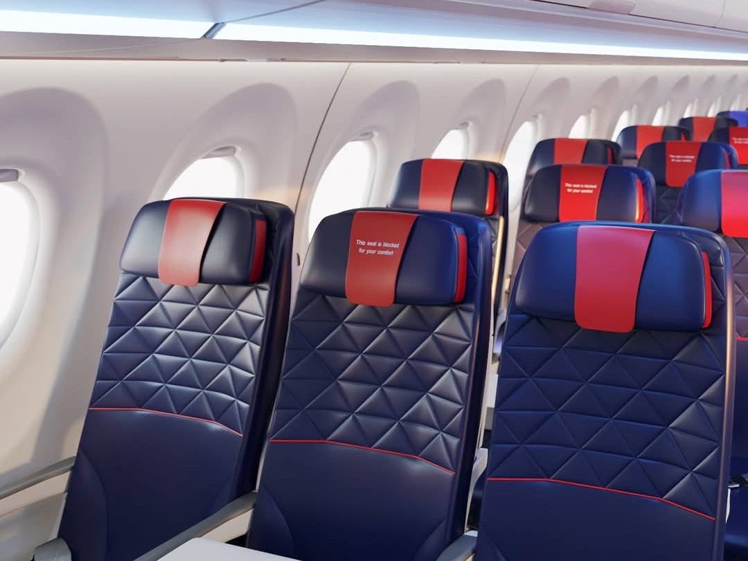 Předběžná vizualizace kabiny A220 LOTu. Finální podoba by se měla lišit. Zdroj: Airbus