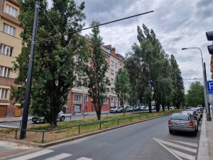 Trolejbusové stožáry s výložníky v Zelené ulici. Foto: Zdopravy.cz