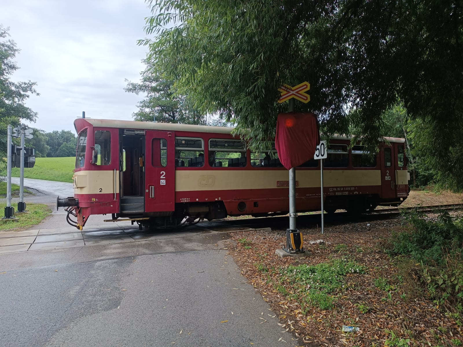 Motorový vůz 810 na přejezdu se zakrytým výstražným zařízením u Trhového Štěpánova. Foto: Railway Capital