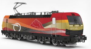 Lokomotiva Siemens Vectron s polepem odkazujícím na vrchol Gerlachovský štít. Zdroj: ZSSK
