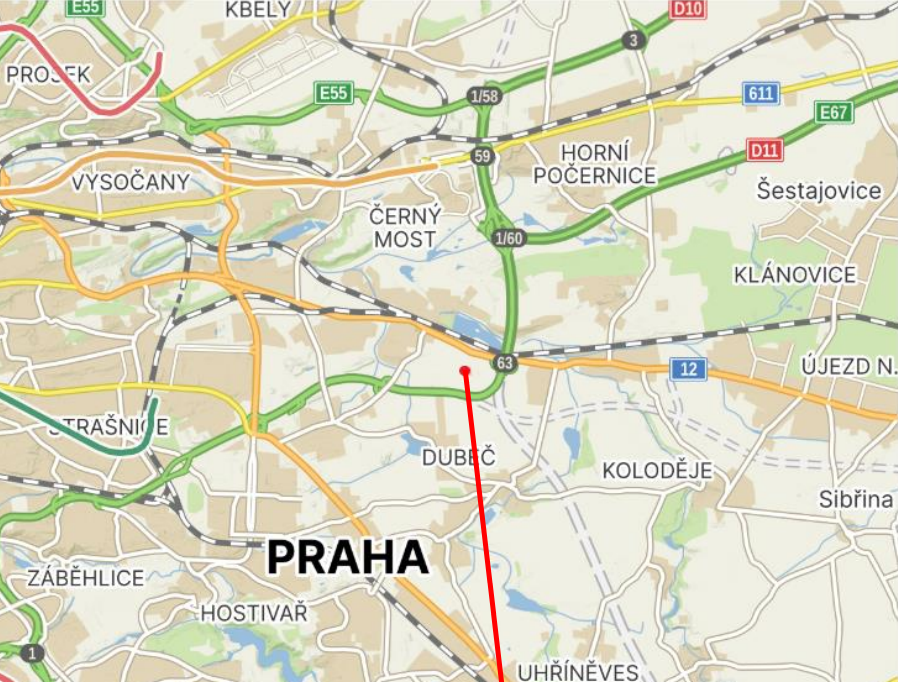 Umístění nové betonárky Eurovia pro úsek Pražského okruhu. D0 511. Zdroj: IS EIA