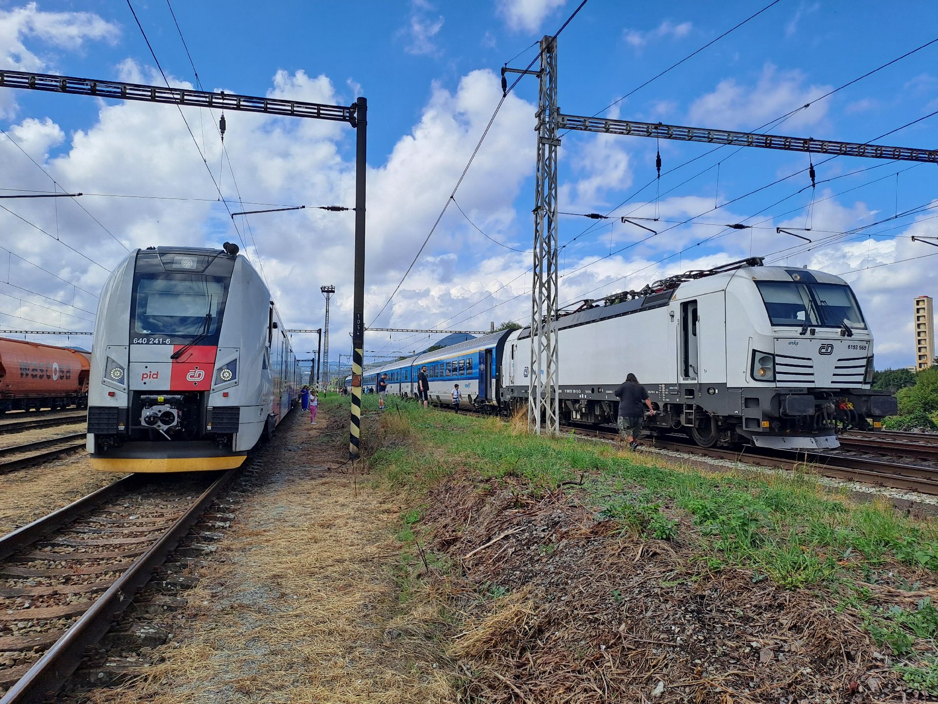 Lokomotiva Siemens Vectron s poškozeným sběračem v čele rychlíku Krušnohor v Lovosicích, vlevo jednotka RegioPanter. Foto: Jan Rozehnal