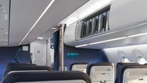 Pohled do kabiny Airbusu A220 LOT Polish Airlines. Zdroj: LOT