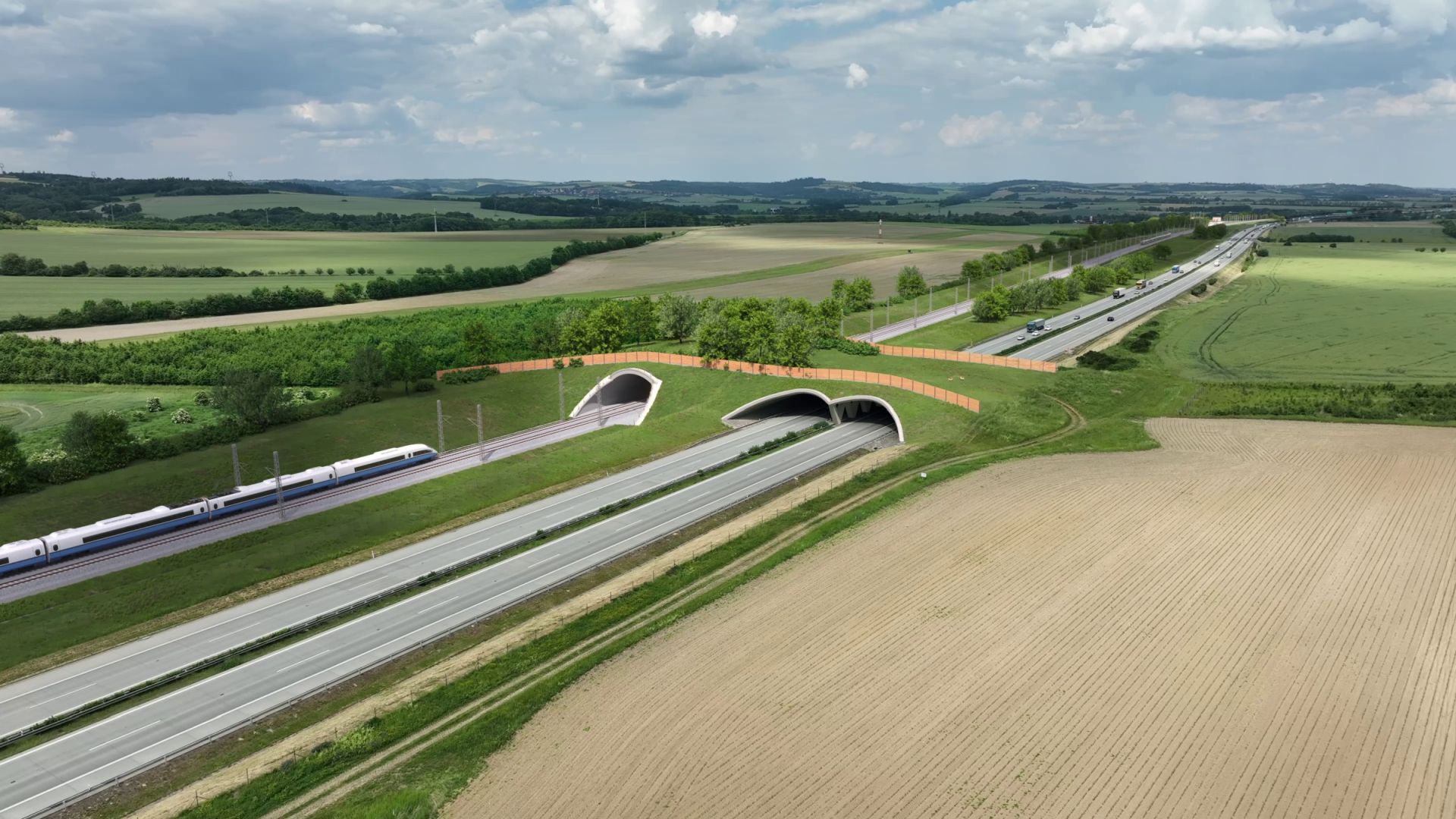 Ekodukt přes D1 a VRT, vizualizace. Pramen: SŽ