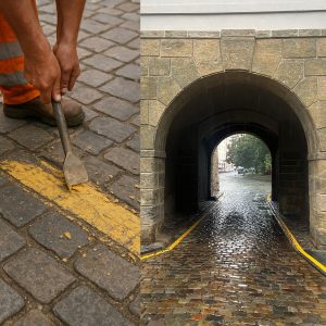 Obnovené a záhy zrušené vodorovné dopravní značení v Táborské bráně na Vyšehradě. Foto: NKP Vyšehrad