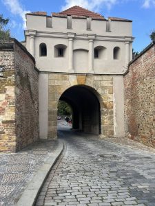 Obnovené a záhy zrušené vodorovné dopravní značení v Táborské bráně na Vyšehradě. Foto: NKP Vyšehrad
