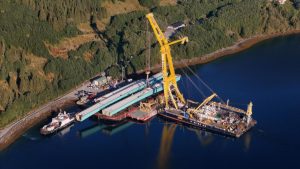 Stavba mostu přes záliv Ramfjord (září 2025). Pramen: Metrostav Norge